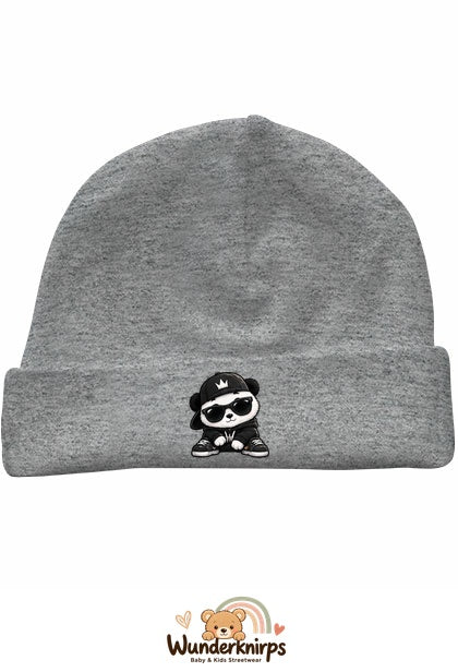 Umschlagmütze Rox-01 in Grau meliert mit Motiv Panda im Streetwear-Look