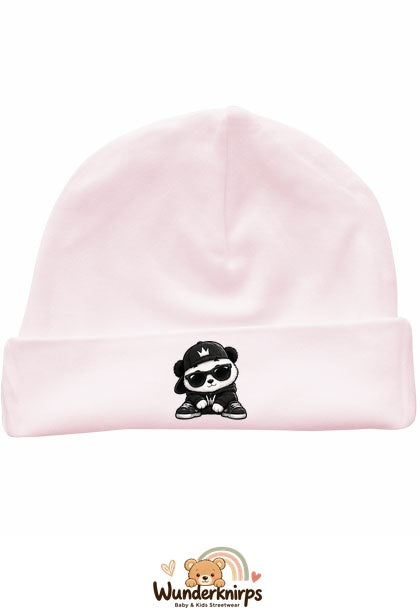 Umschlagmütze Rox-01 in Pastellrosa mit Motiv Panda im Streetwear-Look