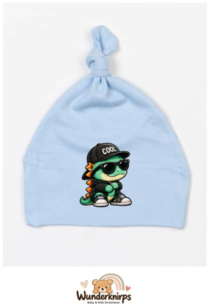 Knotenmütze Babybugz BZ15 in Staubblau mit Motiv Dino mit Cool-Cap