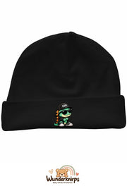 Umschlagmütze Rox-01 in Schwarz mit Motiv Dino mit Cool-Cap