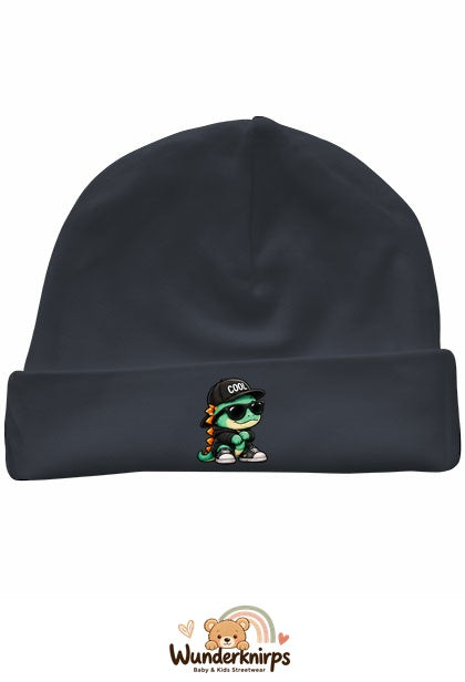 Umschlagmütze Rox-01 in Anthrazit mit Motiv Dino mit Cool-Cap