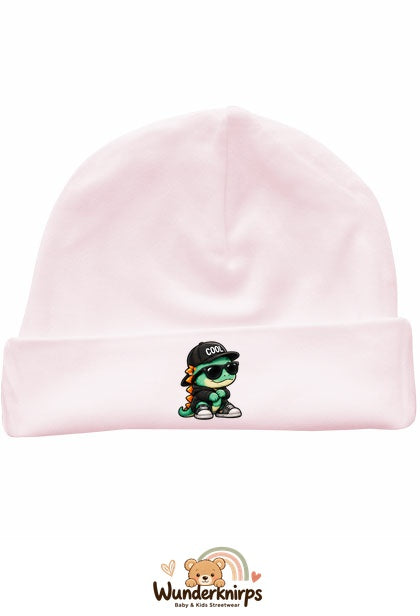 Umschlagmütze Rox-01 in Pastellrosa mit Motiv Dino mit Cool-Cap