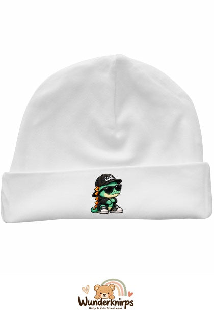 Umschlagmütze Rox-01 in Weiß mit Motiv Dino mit Cool-Cap