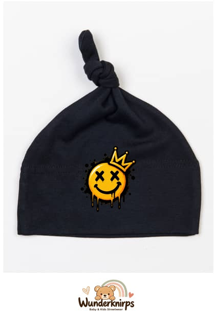 Knotenmütze Babybugz BZ15 in Schwarz mit Motiv Smiley mit Krone