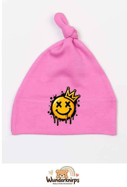 Knotenmütze Babybugz BZ15 in Bubblegum-Pink mit Motiv Smiley mit Krone