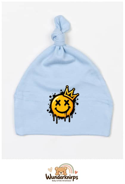 Knotenmütze Babybugz BZ15 in Staubblau mit Motiv Smiley mit Krone