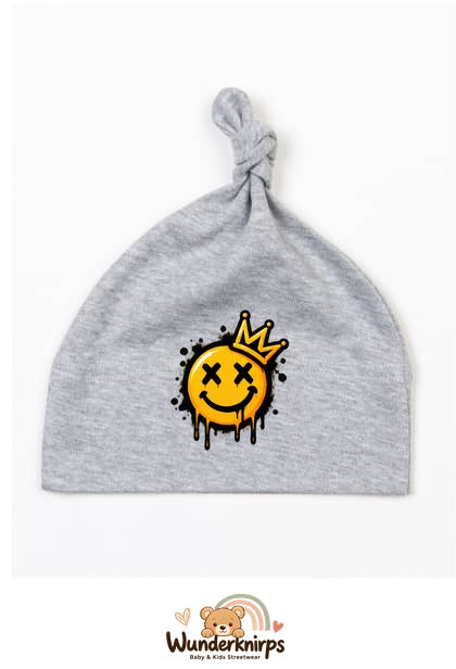 Knotenmütze Babybugz BZ15 in Grau meliert mit Motiv Smiley mit Krone