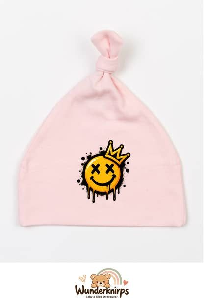 Knotenmütze Babybugz BZ15 in Pastellrosa mit Motiv Smiley mit Krone