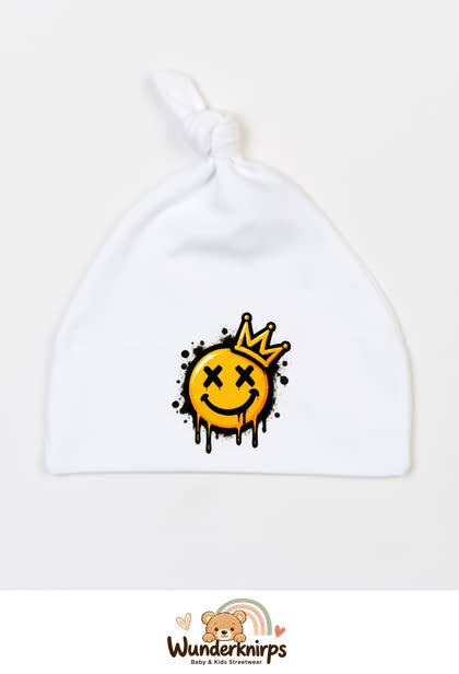 Knotenmütze Babybugz BZ15 in Weiß mit Motiv Smiley mit Krone