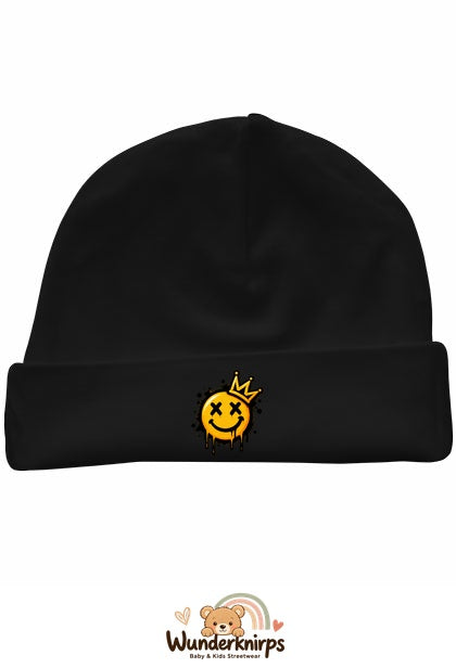 Umschlagmütze Rox-01 in Schwarz mit Motiv Smiley mit Krone