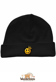 Umschlagmütze Rox-01 in Schwarz mit Motiv Smiley mit Krone