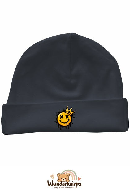 Umschlagmütze Rox-01 in Anthrazit mit Motiv Smiley mit Krone
