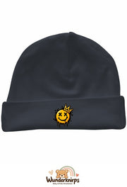 Umschlagmütze Rox-01 in Anthrazit mit Motiv Smiley mit Krone