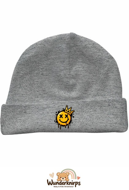 Umschlagmütze Rox-01 in Grau meliert mit Motiv Smiley mit Krone