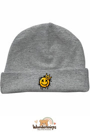 Umschlagmütze Rox-01 in Grau meliert mit Motiv Smiley mit Krone