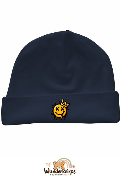 Umschlagmütze Rox-01 in Marineblau mit Motiv Smiley mit Krone