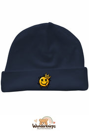 Umschlagmütze Rox-01 in Marineblau mit Motiv Smiley mit Krone