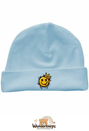 Umschlagmütze Rox-01 in Pastellblau mit Motiv Smiley mit Krone