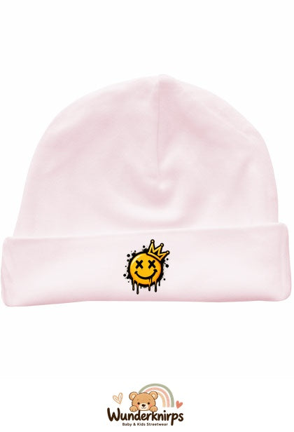Umschlagmütze Rox-01 in Pastellrosa mit Motiv Smiley mit Krone