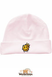 Umschlagmütze Rox-01 in Pastellrosa mit Motiv Smiley mit Krone