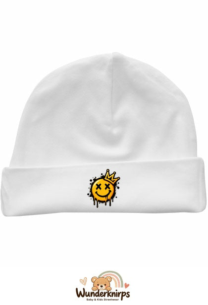 Umschlagmütze Rox-01 in Weiß mit Motiv Smiley mit Krone