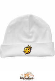 Umschlagmütze Rox-01 in Weiß mit Motiv Smiley mit Krone