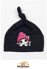 Knotenmütze Babybugz BZ15 in Schwarz mit Motiv Katze mit pinker Mütze