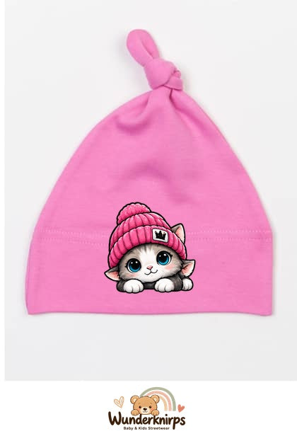 Knotenmütze Babybugz BZ15 in Bubblegum-Pink mit Motiv Katze mit pinker Mütze