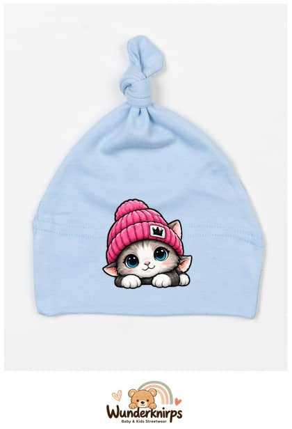 Knotenmütze Babybugz BZ15 in Staubblau mit Motiv Katze mit pinker Mütze
