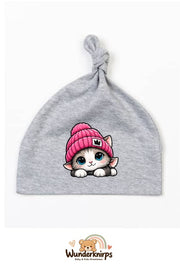 Knotenmütze Babybugz BZ15 in Grau meliert mit Motiv Katze mit pinker Mütze