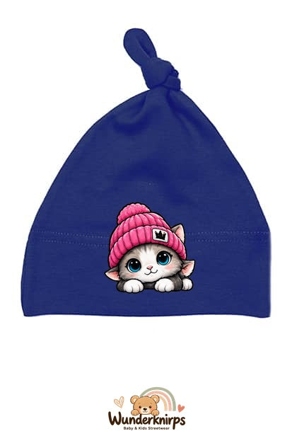 Knotenmütze Babybugz BZ15 in Marineblau mit Motiv Katze mit pinker Mütze