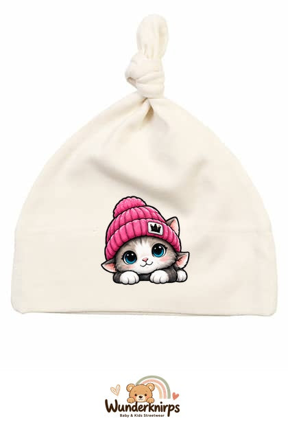 Knotenmütze Babybugz BZ15 in Natur mit Motiv Katze mit pinker Mütze