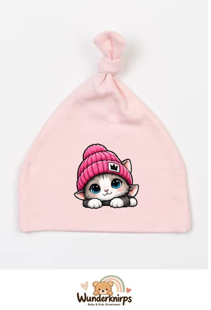 Knotenmütze Babybugz BZ15 in Pastellrosa mit Motiv Katze mit pinker Mütze