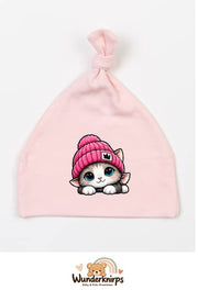 Knotenmütze Babybugz BZ15 in Pastellrosa mit Motiv Katze mit pinker Mütze