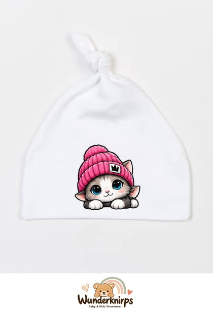 Knotenmütze Babybugz BZ15 in Weiß mit Motiv Katze mit pinker Mütze