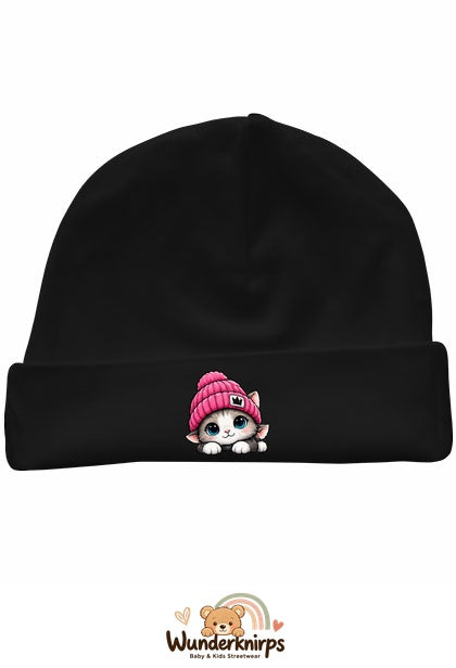 Umschlagmütze Rox-01 in Schwarz mit Motiv Katze mit pinker Mütze