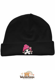 Umschlagmütze Rox-01 in Schwarz mit Motiv Katze mit pinker Mütze
