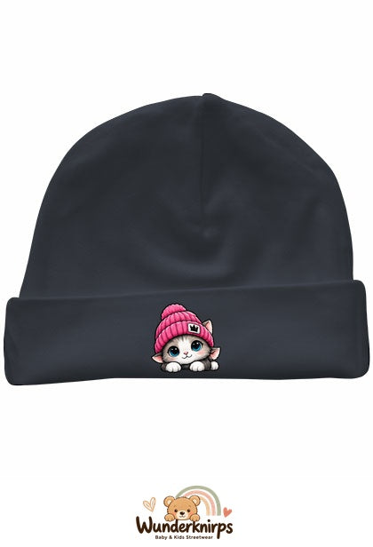 Umschlagmütze Rox-01 in Anthrazit mit Motiv Katze mit pinker Mütze