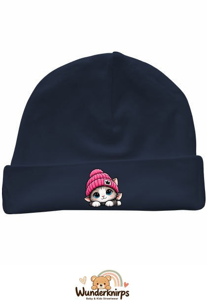 Umschlagmütze Rox-01 in Marineblau mit Motiv Katze mit pinker Mütze