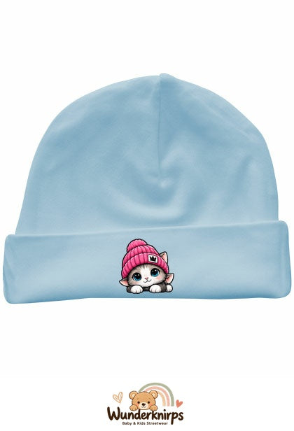 Umschlagmütze Rox-01 in Pastellblau mit Motiv Katze mit pinker Mütze