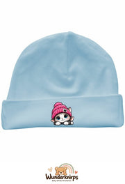 Umschlagmütze Rox-01 in Pastellblau mit Motiv Katze mit pinker Mütze