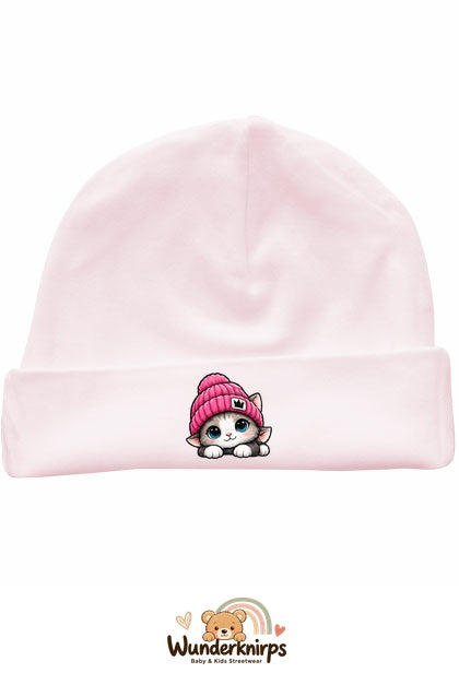 Umschlagmütze Rox-01 in Pastellrosa mit Motiv Katze mit pinker Mütze