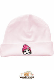 Umschlagmütze Rox-01 in Pastellrosa mit Motiv Katze mit pinker Mütze
