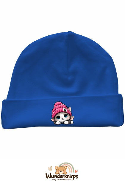 Umschlagmütze Rox-01 in Royalblau mit Motiv Katze mit pinker Mütze