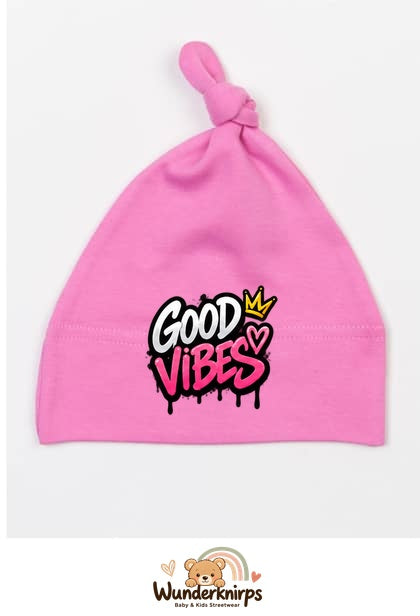 Knotenmütze Babybugz BZ15 in Bubblegum-Pink mit Motiv Good Vibes