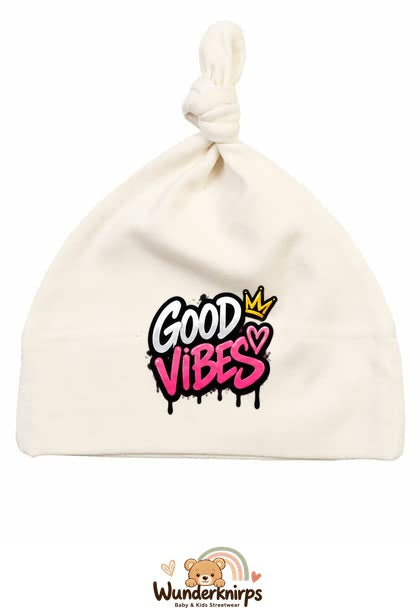 Knotenmütze Babybugz BZ15 in Natur mit Motiv Good Vibes
