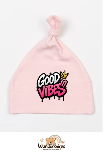 Knotenmütze Babybugz BZ15 in Pastellrosa mit Motiv Good Vibes