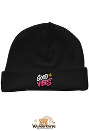 Umschlagmütze Rox-01 in Schwarz mit Motiv Good Vibes