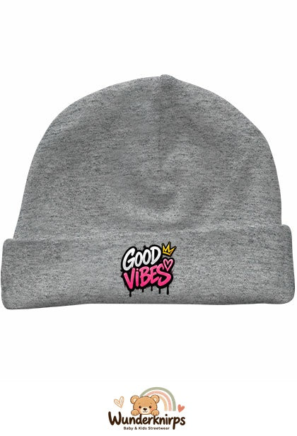 Umschlagmütze Rox-01 in Grau meliert mit Motiv Good Vibes