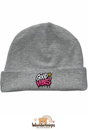 Umschlagmütze Rox-01 in Grau meliert mit Motiv Good Vibes
